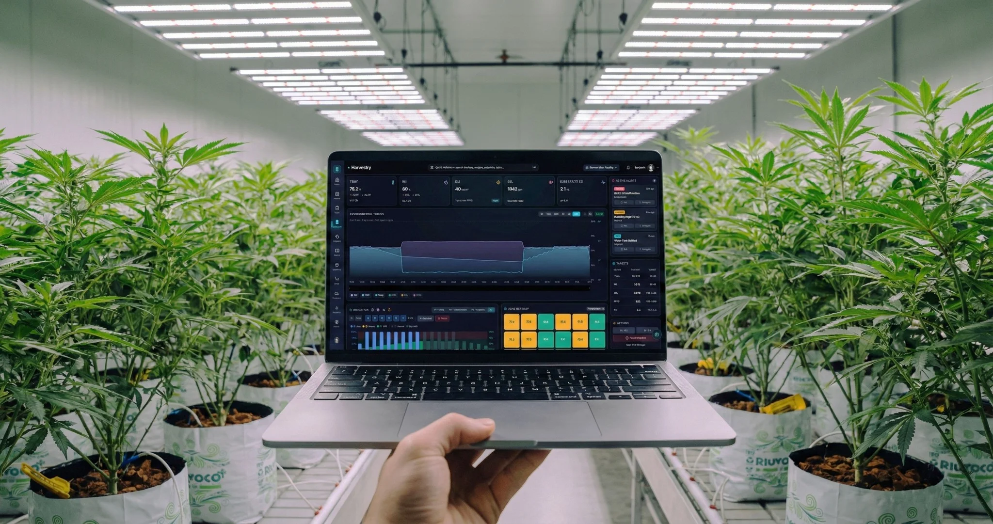 Hand holding laptop displaying Harvestry dashboard in a professional cannabis cultivation facility